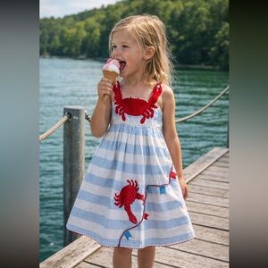 Cotton Kids SunDress Crab & Flag 3D Decor Nautical Theme Smocked Back Lined Flaw